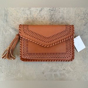 J Brand Vegan Leather Clutch/ Crossbody Woven Bag in Brown